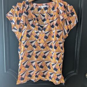 DR2 Geometric Print V Neck Ruffle Short Sleeve Blouse Top‎ Women's L Lightweight